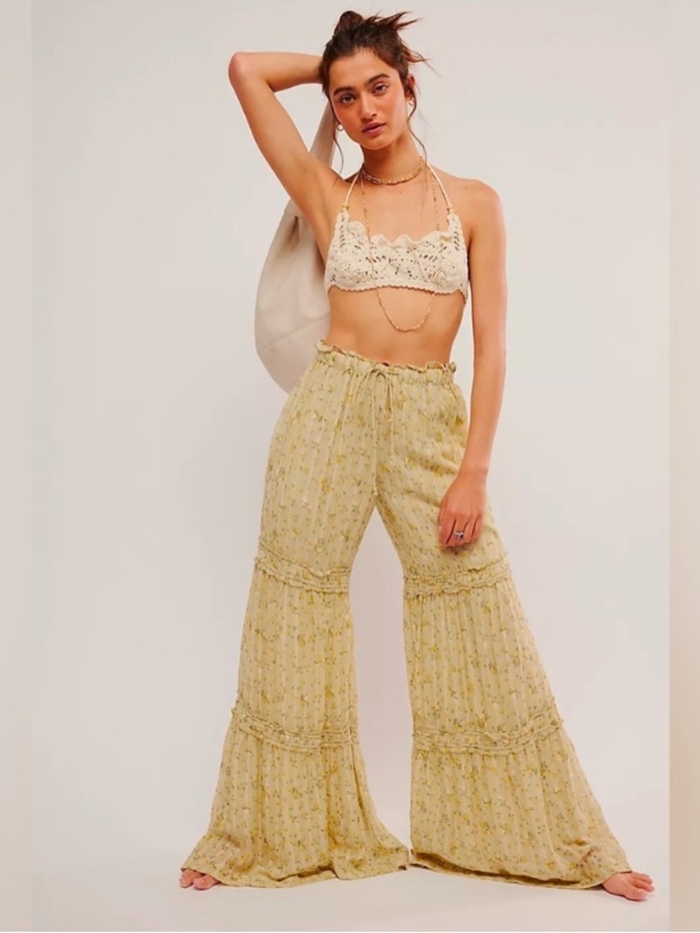 NWOT Free People Pale Yellow Floral Tiered Wide-Leg Pants